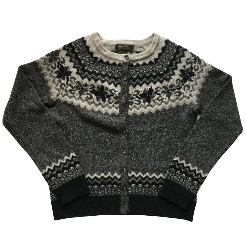 Eddie Bauer Women's Fair Isle Black & Gray Beaded Cardigan